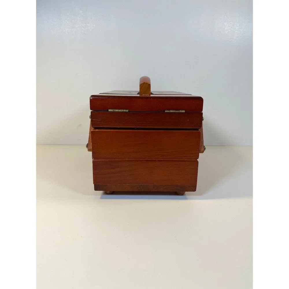 Singer Wooden Accordion Sewing Basket Cantilever Box Cherry Finish Vintage Style